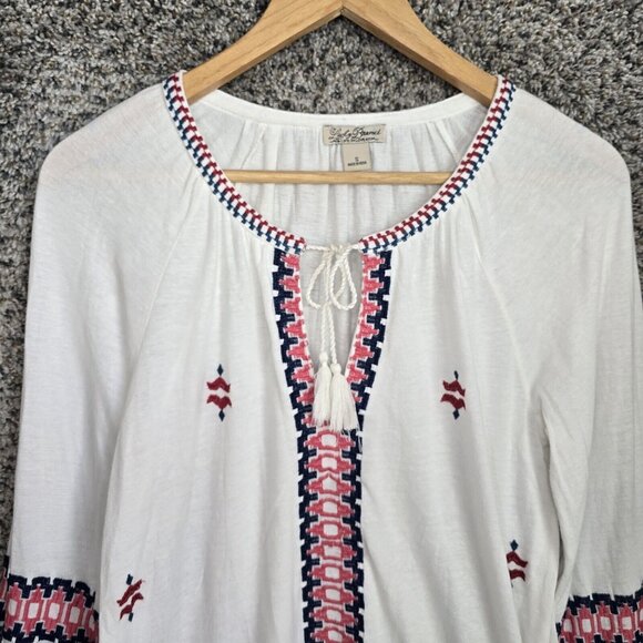 Lucky Brand Top Womens Small White Embroidered Boho Neck Tie Tee Casual Ladies - Picture 4 of 8